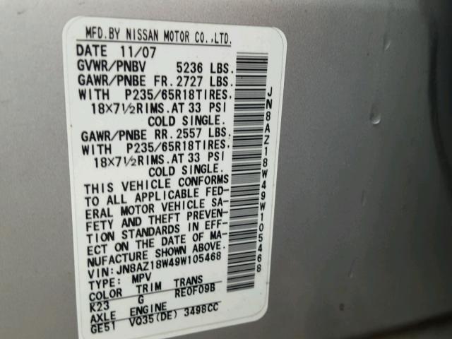 JN8AZ18W49W105468 - 2009 NISSAN MURANO SILVER photo 10