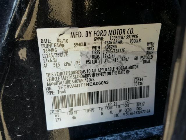 1FT8W4DT1BEA06053 - 2011 FORD F450 SUPER BLACK photo 10