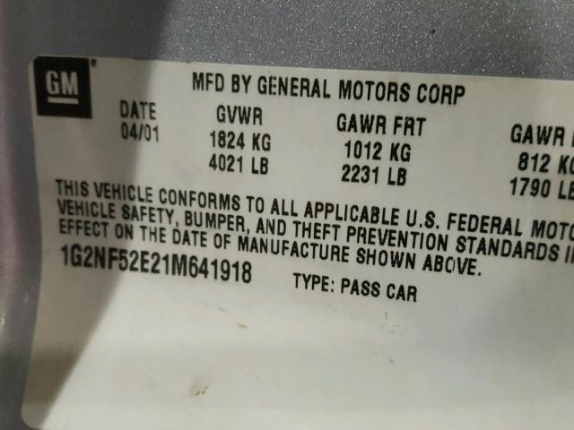 1G2NF52E21M641918 - 2001 PONTIAC GRAND AM S Gümüş foto 10