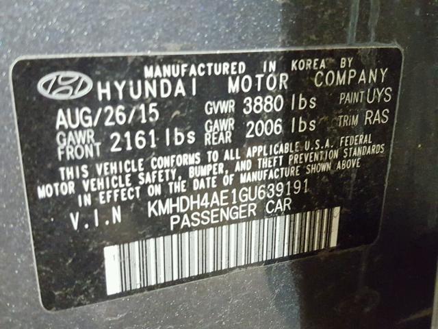 KMHDH4AE1GU639191 - 2016 HYUNDAI ELANTRA SE GRAY photo 10