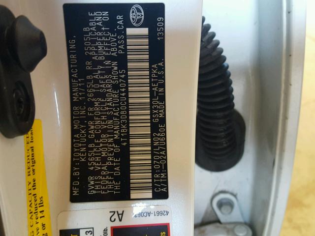 4T1BK3DB0CU440745 - 2012 TOYOTA AVALON BAS WHITE photo 10