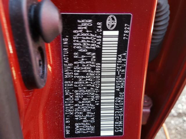 4T1BF1FK0GU608699 - 2016 TOYOTA CAMRY LE წითელი ფოტო 10