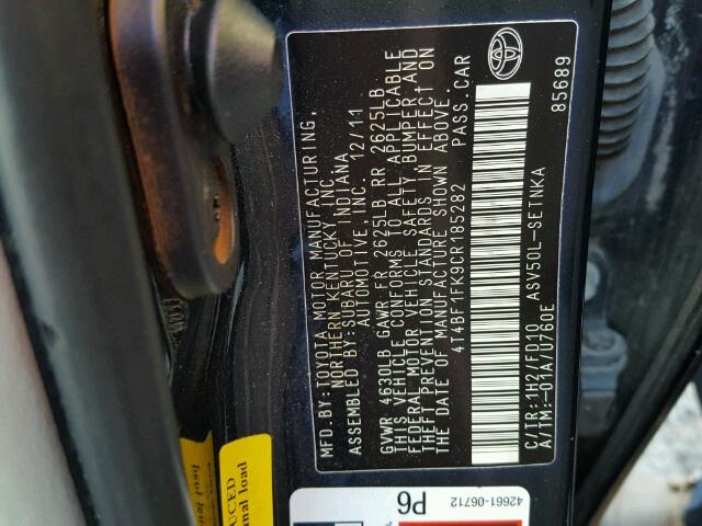 4T4BF1FK9CR185282 - 2012 TOYOTA CAMRY BASE შავი ფოტო 10