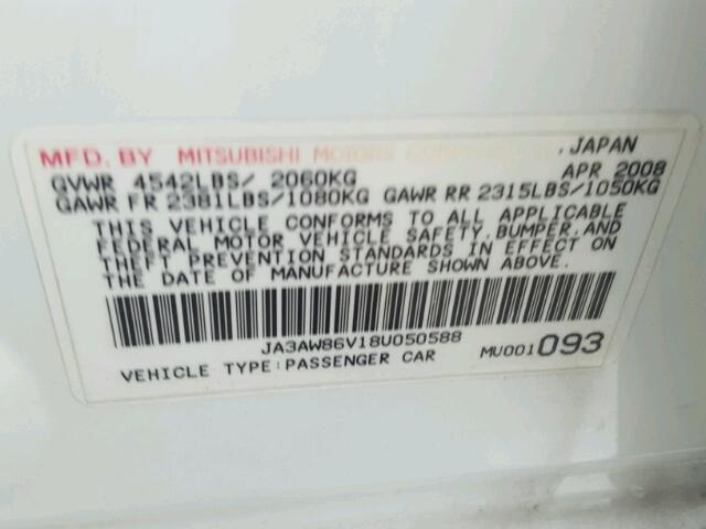 JA3AW86V18U050588 - 2008 MITSUBISHI LANCER EVO WHITE photo 10