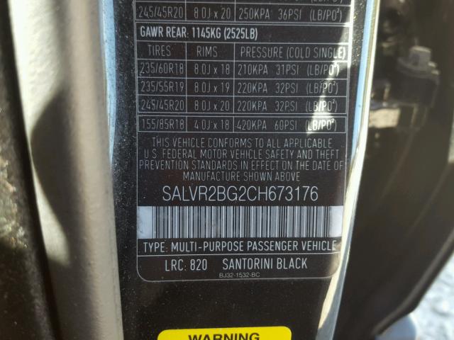 SALVR2BG2CH673176 - 2012 LAND ROVER RANGE ROVE BLACK photo 10