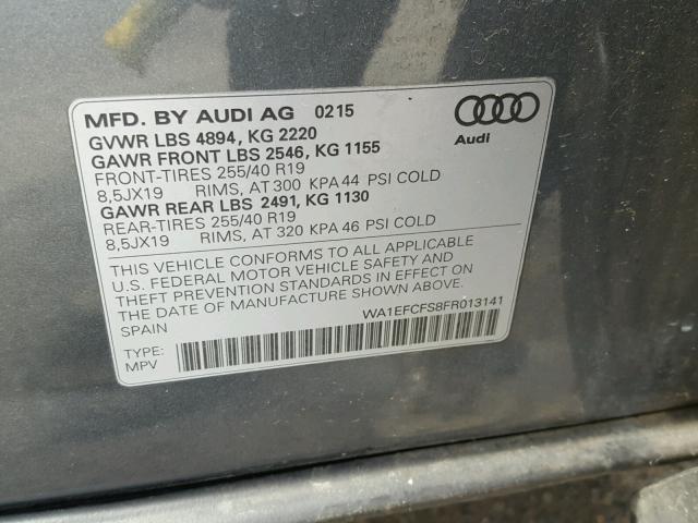 WA1EFCFS8FR013141 - 2015 AUDI Q3 PREMIUM GRAY photo 10