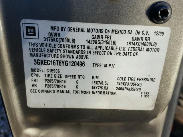 3GKEC16T6YG120496 - 2000 GMC YUKON XL C GOLD photo 10