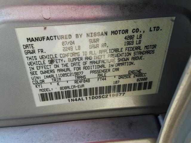 1N4AL11D05C219877 - 2005 NISSAN ALTIMA S SILVER photo 10