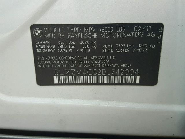 5UXZV4C52BL742004 - 2011 BMW X5 XDRIVE3 Күміс фото 10