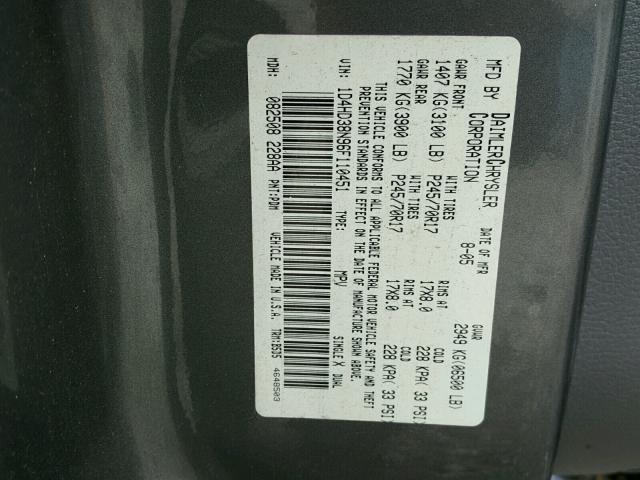 1D4HD38N96F110451 - 2006 DODGE DURANGO SX GRAY photo 10