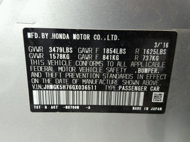 JHMGK5H76GX036511 - 2016 HONDA FIT EX SILVER photo 10