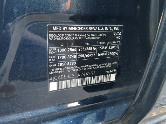 4JGAB54E31A244251 - 2001 MERCEDES-BENZ ML 320 BLUE photo 10