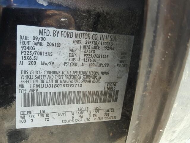 1FMUU01B01KD92713 - 2001 FORD ESCAPE XLS BLACK photo 10