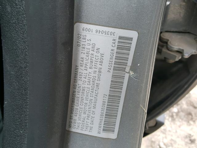 WVWRH63B63E088172 - 2003 VOLKSWAGEN PASSAT GLX GRAY photo 10