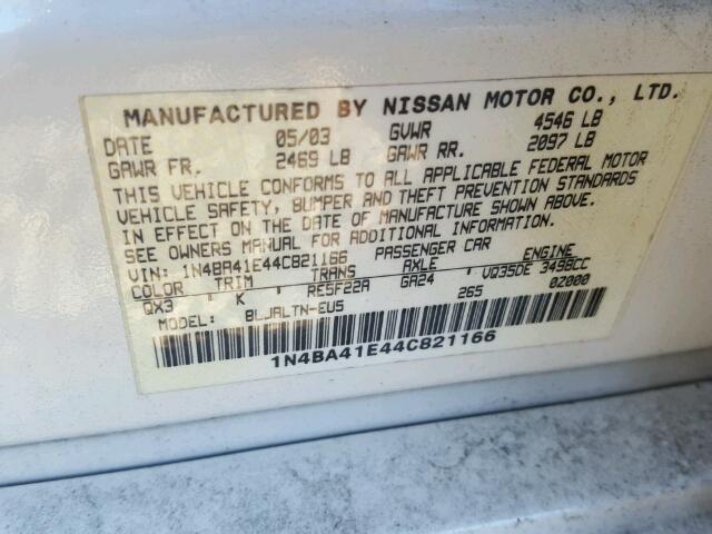 1N4BA41E44C821166 - 2004 NISSAN MAXIMA WHITE photo 10