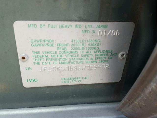 JF1SG67686H753972 - 2006 SUBARU FORESTER 2 GREEN photo 10