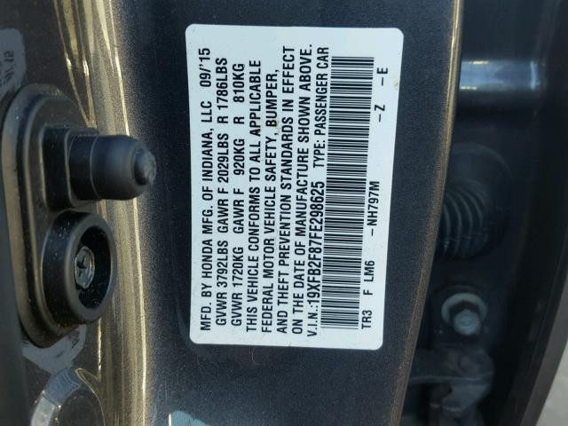 19XFB2F87FE298625 - 2015 HONDA CIVIC EX GRAY photo 10