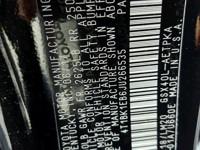 4T1BK1EB6JU266535 - 2018 TOYOTA AVALON XLE 黑色 照片 10