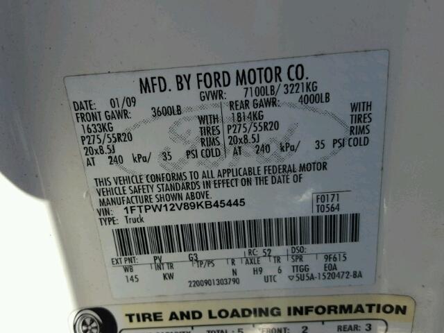 1FTPW12V89KB45445 - 2009 FORD F150 SUPER WHITE photo 10