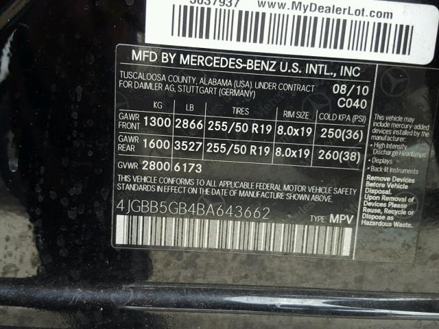 4JGBB5GB4BA643662 - 2011 MERCEDES-BENZ ML 350 BLACK photo 10