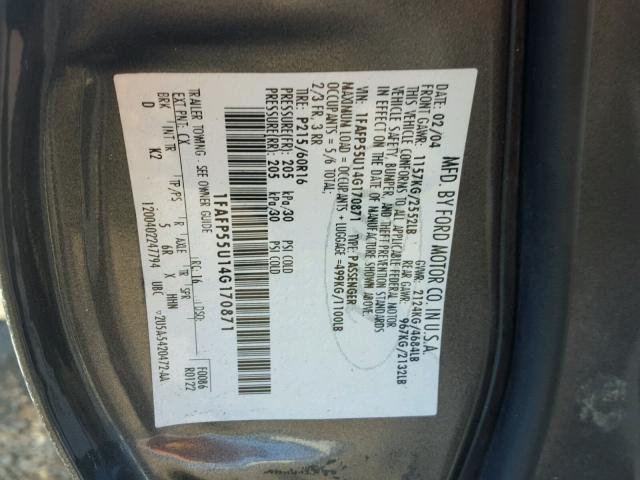 1FAFP55U14G170871 - 2004 FORD TAURUS SES GRAY photo 10