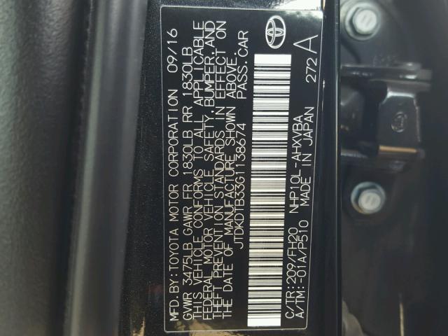 JTDKDTB33G1138674 - 2016 TOYOTA PRIUS C BLACK photo 10