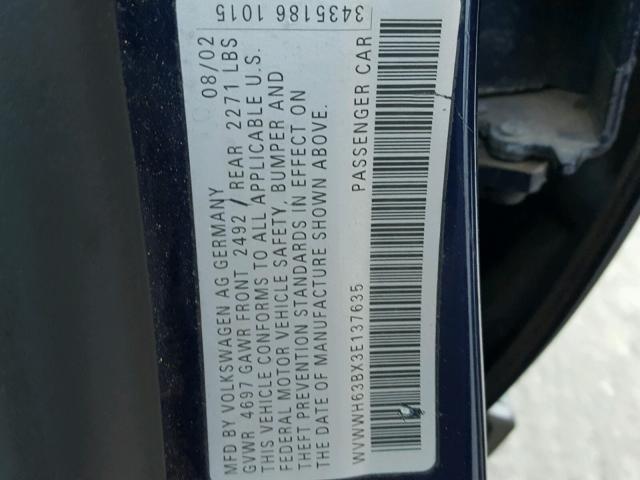 WVWWH63BX3E137635 - 2003 VOLKSWAGEN PASSAT GLX BLUE photo 10