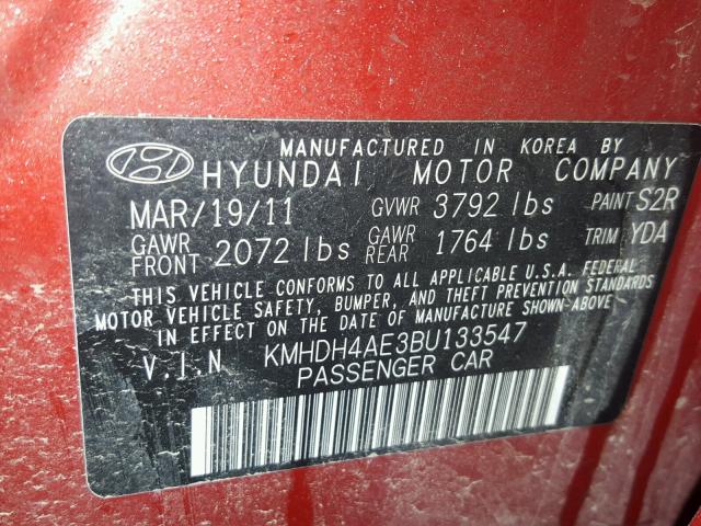 KMHDH4AE3BU133547 - 2011 HYUNDAI ELANTRA GL MAROON photo 10