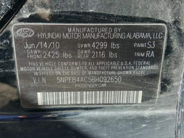 5NPEB4AC5BH092650 - 2011 HYUNDAI SONATA GLS BLACK photo 10