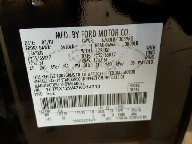 1FTRX12W47KD14713 - 2007 FORD F150 BLACK photo 10