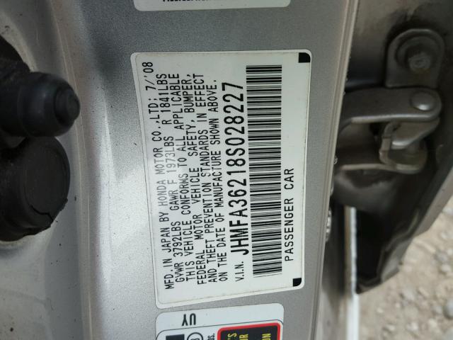 JHMFA36218S028227 - 2008 HONDA CIVIC HYBR SILVER photo 10