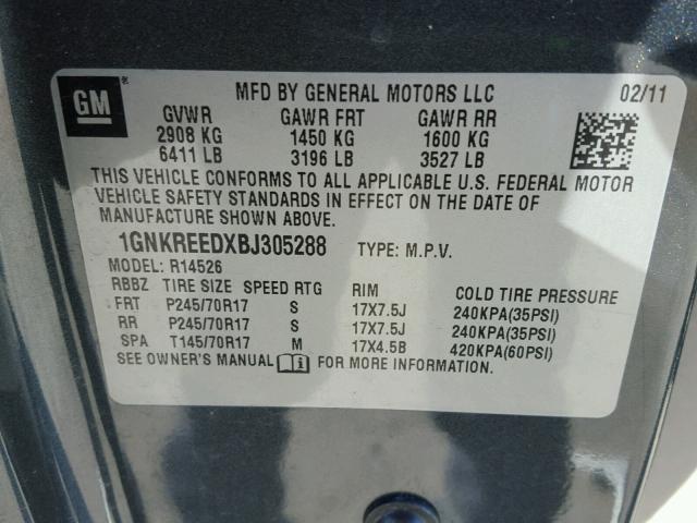 1GNKREEDXBJ305288 - 2011 CHEVROLET TRAVERSE L SILVER photo 10