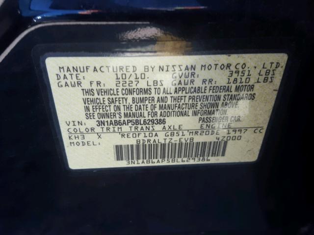 3N1AB6AP5BL629386 - 2011 NISSAN SENTRA BLACK photo 10