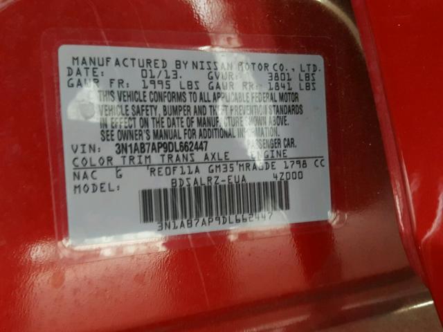 3N1AB7AP9DL662447 - 2013 NISSAN SENTRA RED photo 10