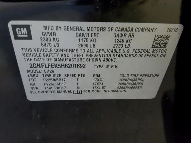 2GNFLFEK5H6201692 - 2017 CHEVROLET EQUINOX LT BLACK photo 10