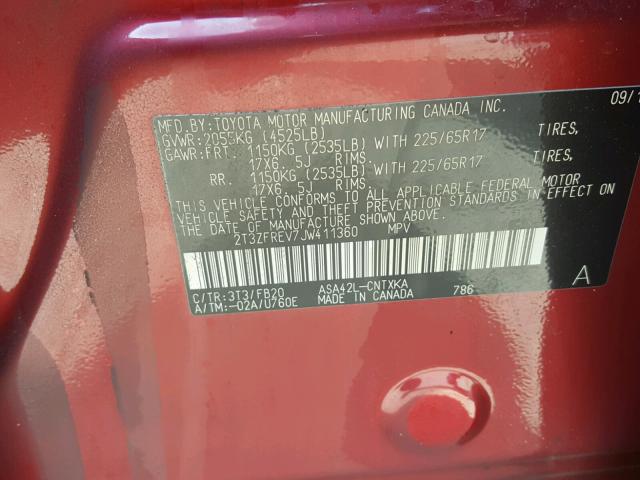 2T3ZFREV7JW411360 - 2018 TOYOTA RAV4 LE Կարմիր լուսանկար 10