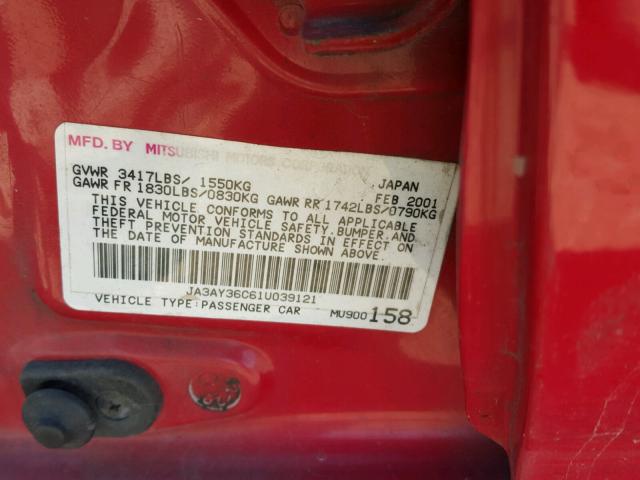 JA3AY36C61U039121 - 2001 MITSUBISHI MIRAGE RED photo 10