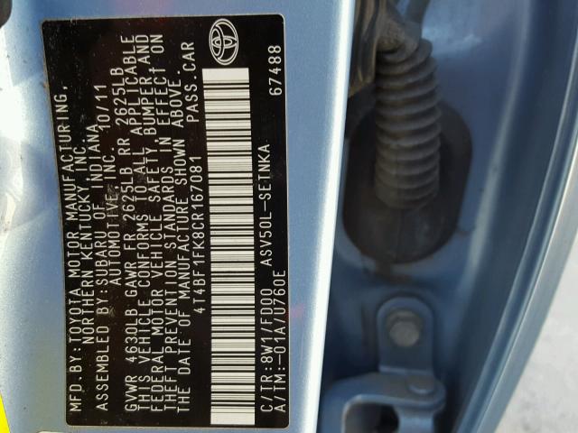 4T4BF1FK8CR167081 - 2012 TOYOTA CAMRY BLUE photo 10