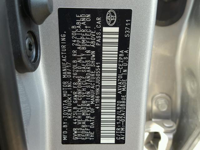 4T1B61HK3JU505541 - 2018 TOYOTA CAMRY XSE SILVER photo 10