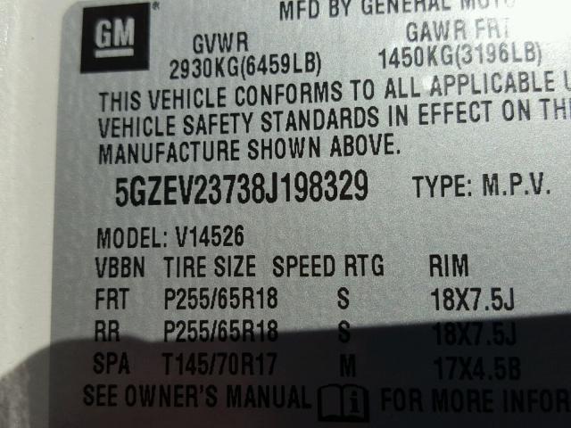 5GZEV23738J198329 - 2008 SATURN OUTLOOK XR თეთრი ფოტო 10