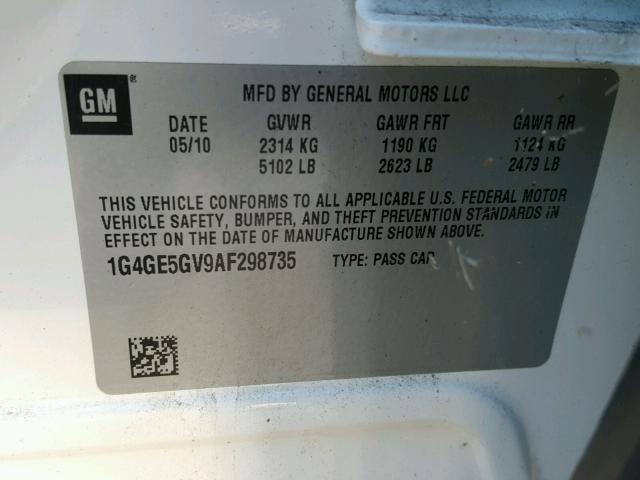 1G4GE5GV9AF298735 - 2010 BUICK LACROSSE C WHITE photo 10