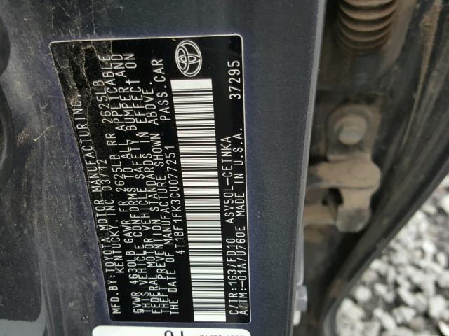 4T1BF1FK3CU077251 - 2012 TOYOTA CAMRY BASE GRAY photo 10