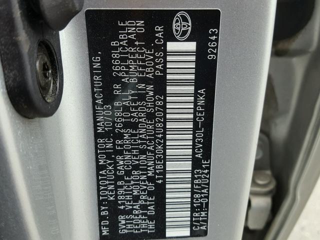 4T1BE30K24U820782 - 2004 TOYOTA CAMRY LE 蓝色 照片 10