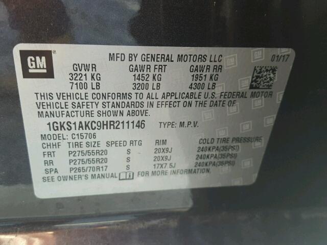 1GKS1AKC9HR211146 - 2017 GMC YUKON SLE CHARCOAL photo 10