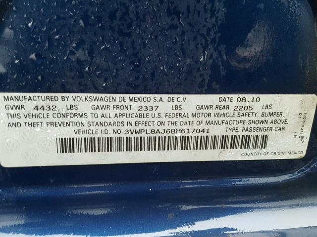 3VWPL8AJ6BM617041 - 2011 VOLKSWAGEN JETTA BLUE photo 10