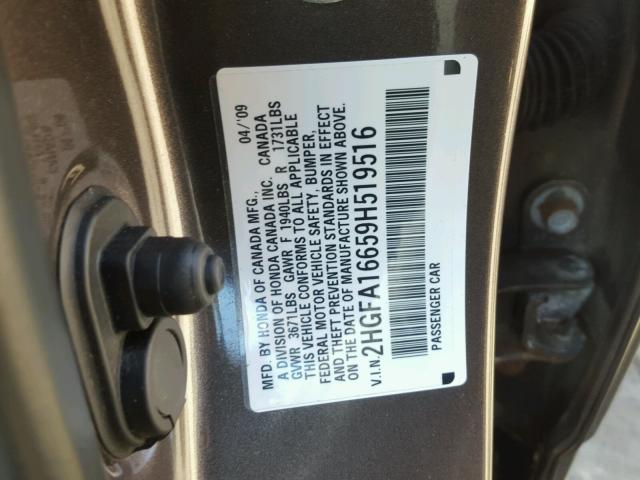 2HGFA16659H519516 - 2009 HONDA CIVIC GRAY photo 10