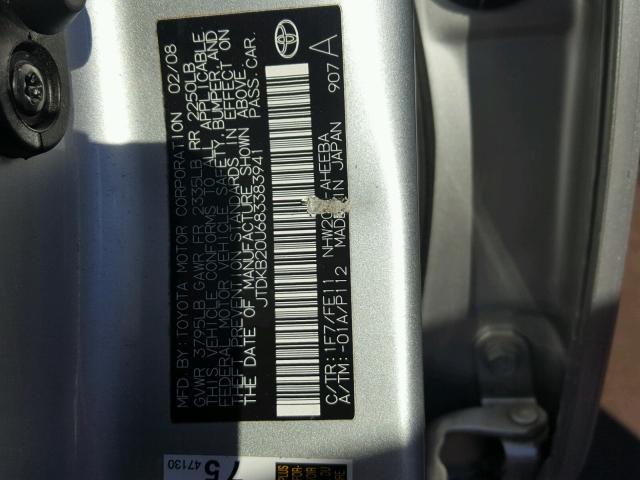 JTDKB20U683383941 - 2008 TOYOTA PRIUS SILVER photo 10