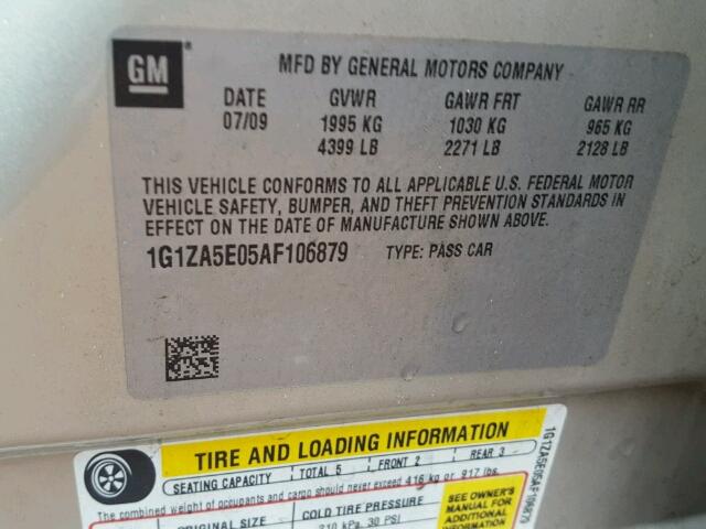 1G1ZA5E05AF106879 - 2010 CHEVROLET MALIBU LS TAN photo 10