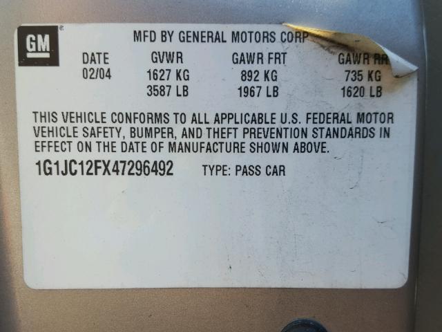 1G1JC12FX47296492 - 2004 CHEVROLET CAVALIER BEIGE photo 10