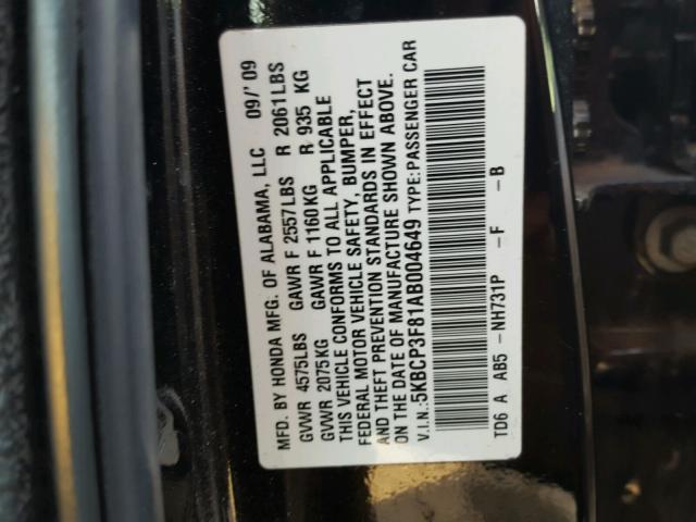 5KBCP3F81AB004649 - 2010 HONDA ACCORD EXL BLACK photo 10